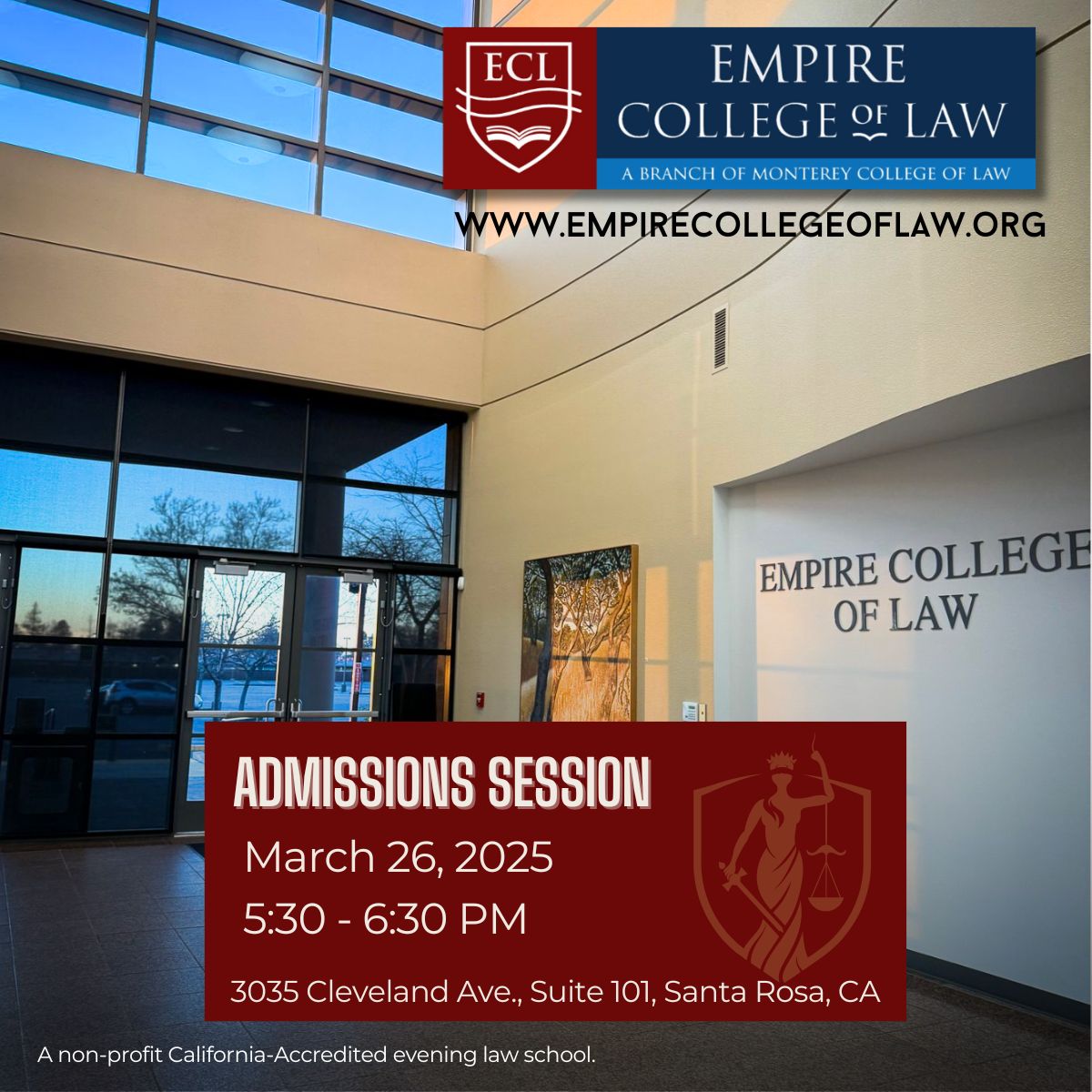 Admissions session announcement with a picture of the school in the background. Text in white on a red background. ECL logo and website at the top of the page. 