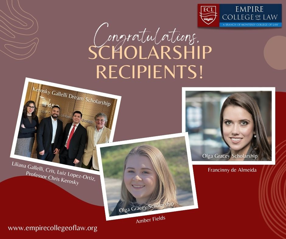 Congratulations scholarship recipients in white and orange text on red and mauve background. Pictures of scholarship winners with text in white.