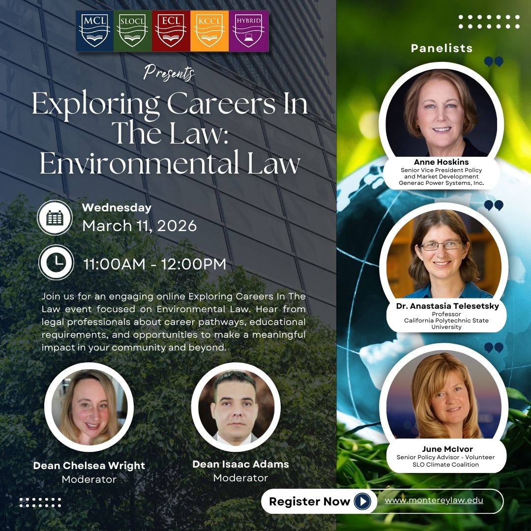 Exploring Careers in the Law Invitation - white text on a grey background with photos of the moderators at the bottom, and panelists photos on the right side.