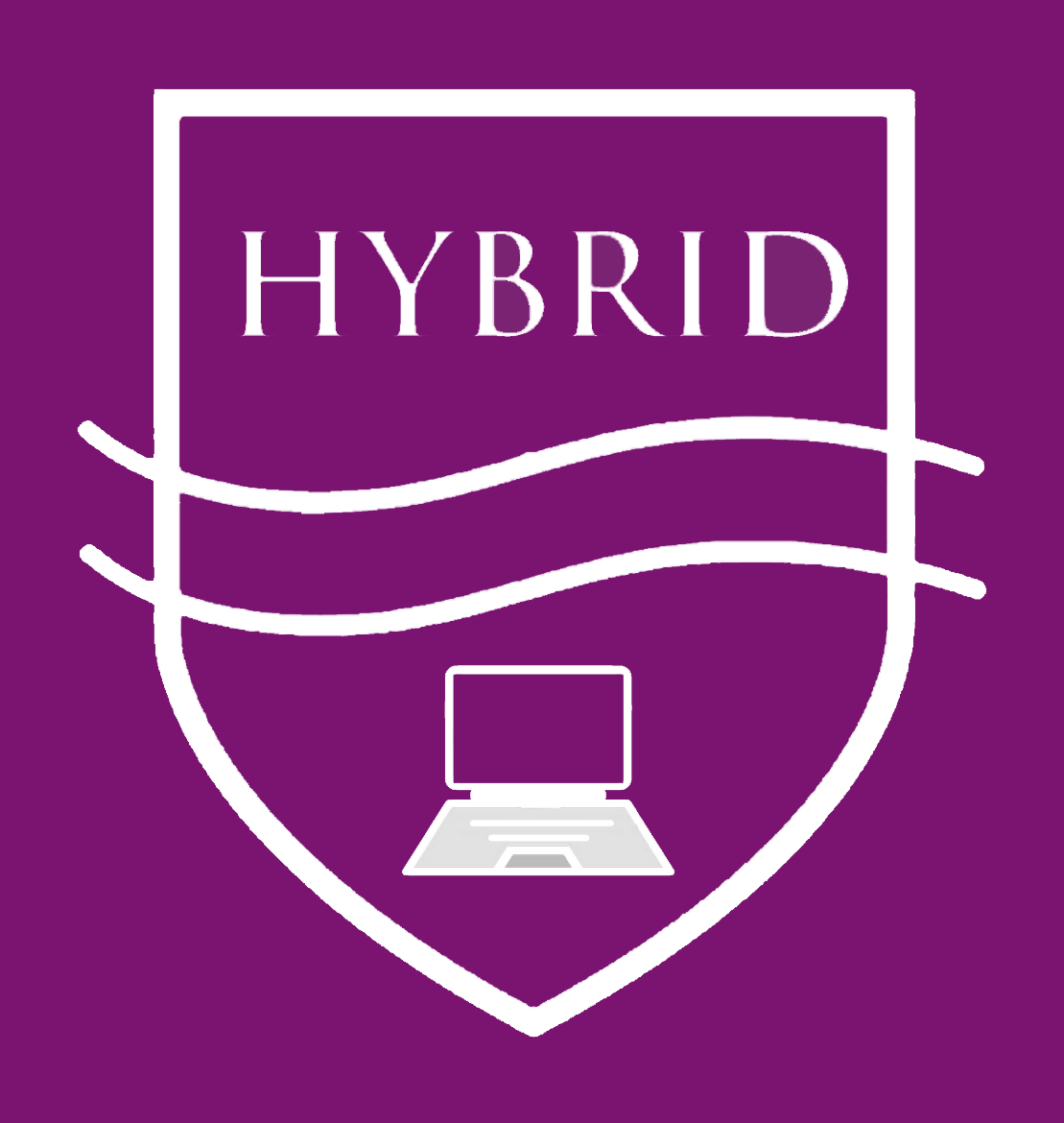 Hybrid logo: White graphic with a laptop computer on a purple background
