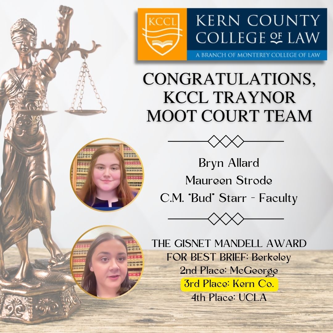 Background image of Lady Justice with photos of the Traynor Moot Court team and KCCL banner logo at the top