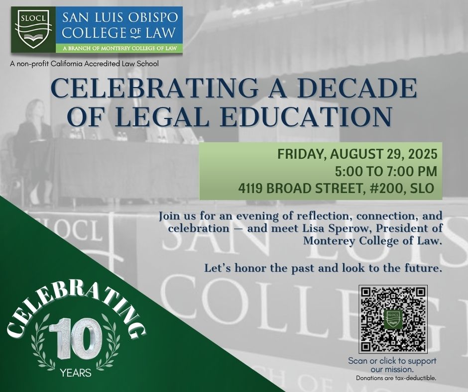 Event invitation with a black and white photo background, text in blue and white, SLOCL logo in the top left, and a donation QR code in the right corner.