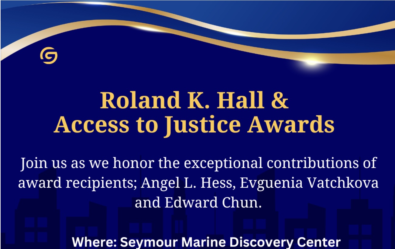 Roland K. Hall & Access to Justice Awards Dinner invitation. Text is in gold and white on a blue background.