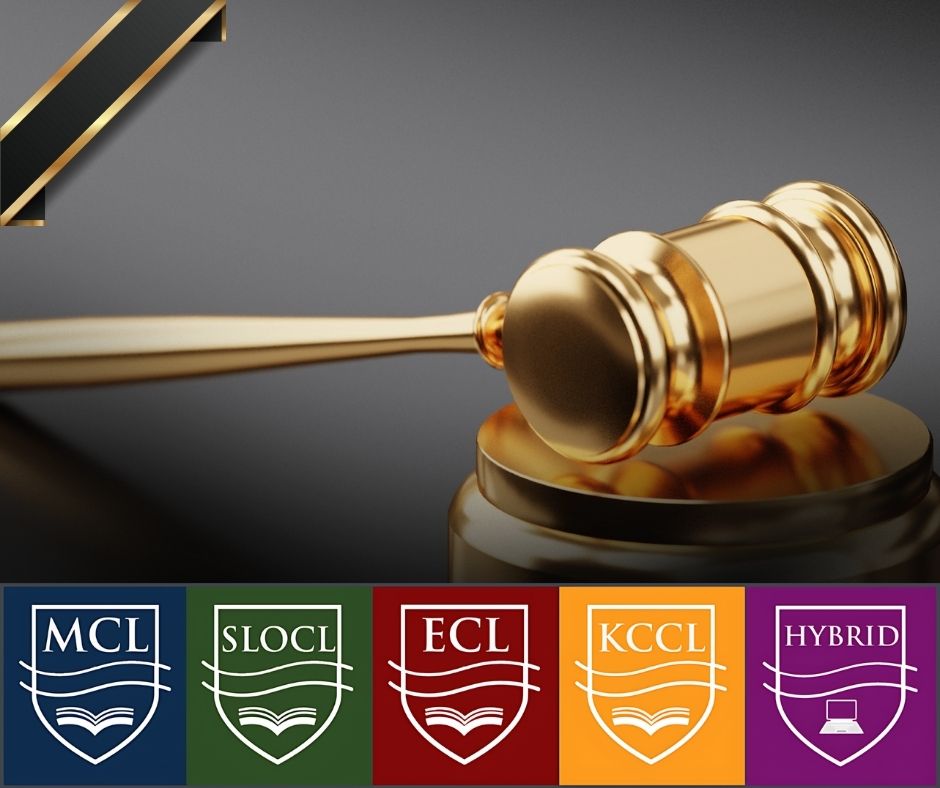 Stock image of gold gavel with the law school's 5-shield logo at the bottom.